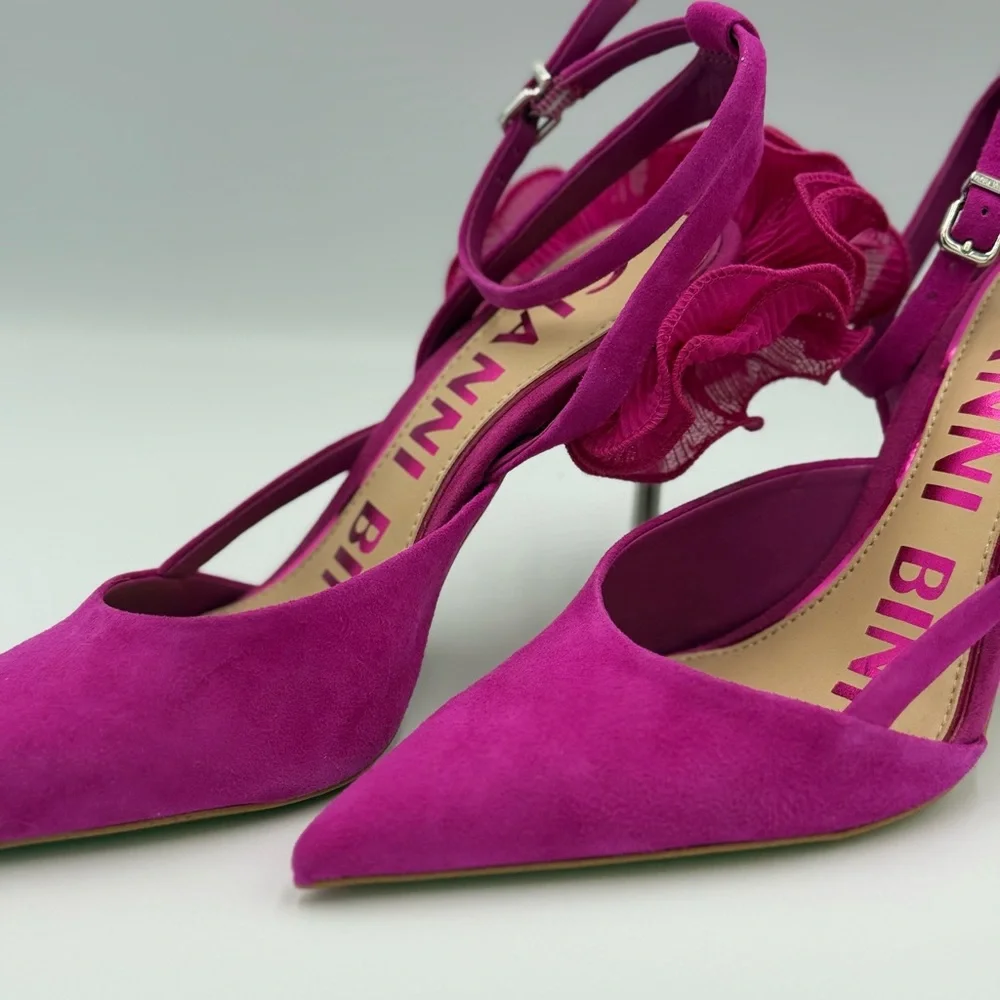 Gianni Bini Suede “Bradley” Fuchsia Ruffle Ankle Strap Heels - Picture 7 of 9